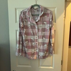 Munki Munki Peanuts Snoopy Pajama Set in Light Pink/Gray Plaid